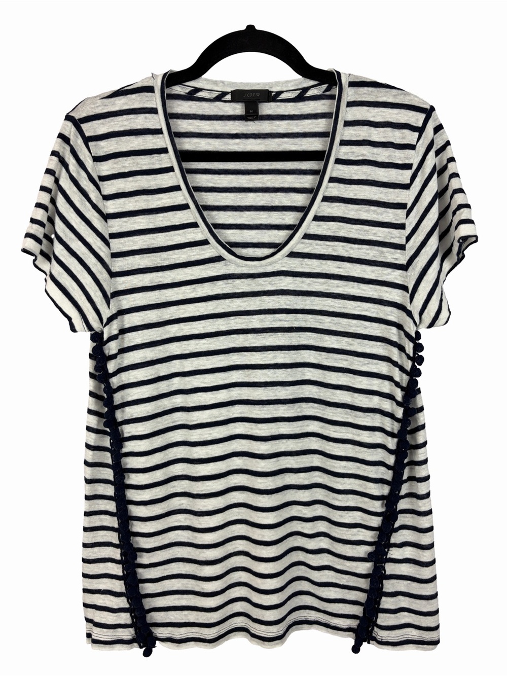 J.Crew 100% Linen Striped Pom Pom Trim Tee Navy White Medium